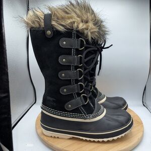 Sorel Joan of Arctic Mid Calf Snow Boots Black Fur Waterproof Winter US 6 Womens